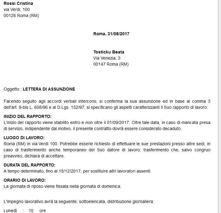 lettera di assunzione colf badante baby sitter